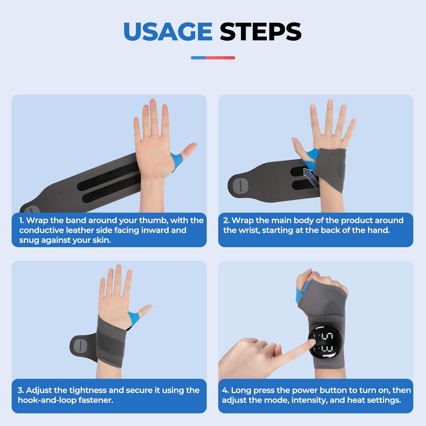 TENICORE smart wrist brace usage steps: wrap band around thumb, wrap body around wrist, secure with hook-and-loop fastener, then press power button to adjust mode and heat settings