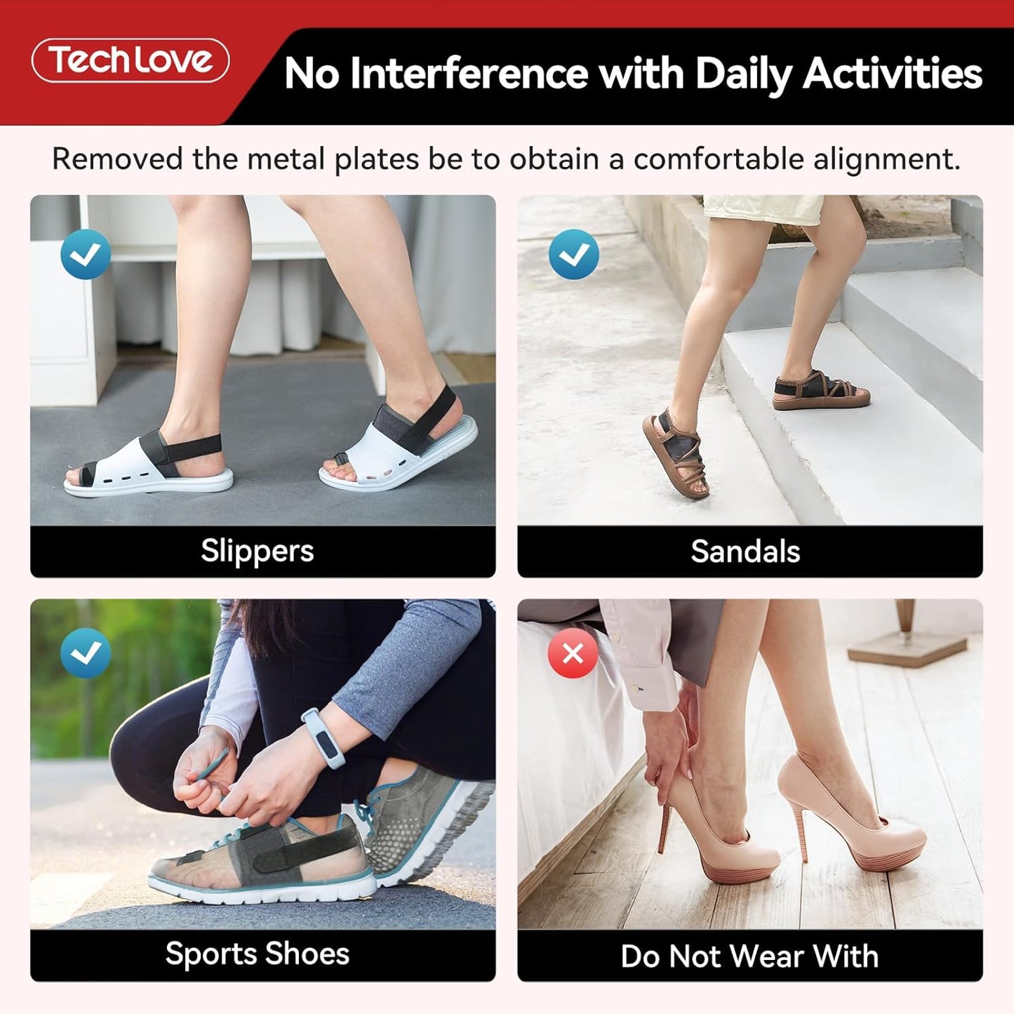 Bunion corrector comparison of different types of shoes worn by people in various activities with TechLove branding.