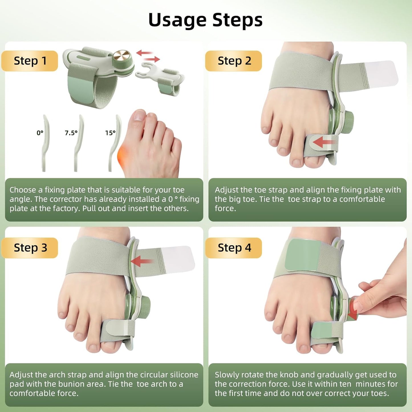 Detailed illustrations show the four steps for using a hallux valgus corrector: selecting the fixation plate, adjusting the toe strap, securing the arch strap, and gradually adjusting the correction force by turning the knob to ensure a correct fit and comfort.