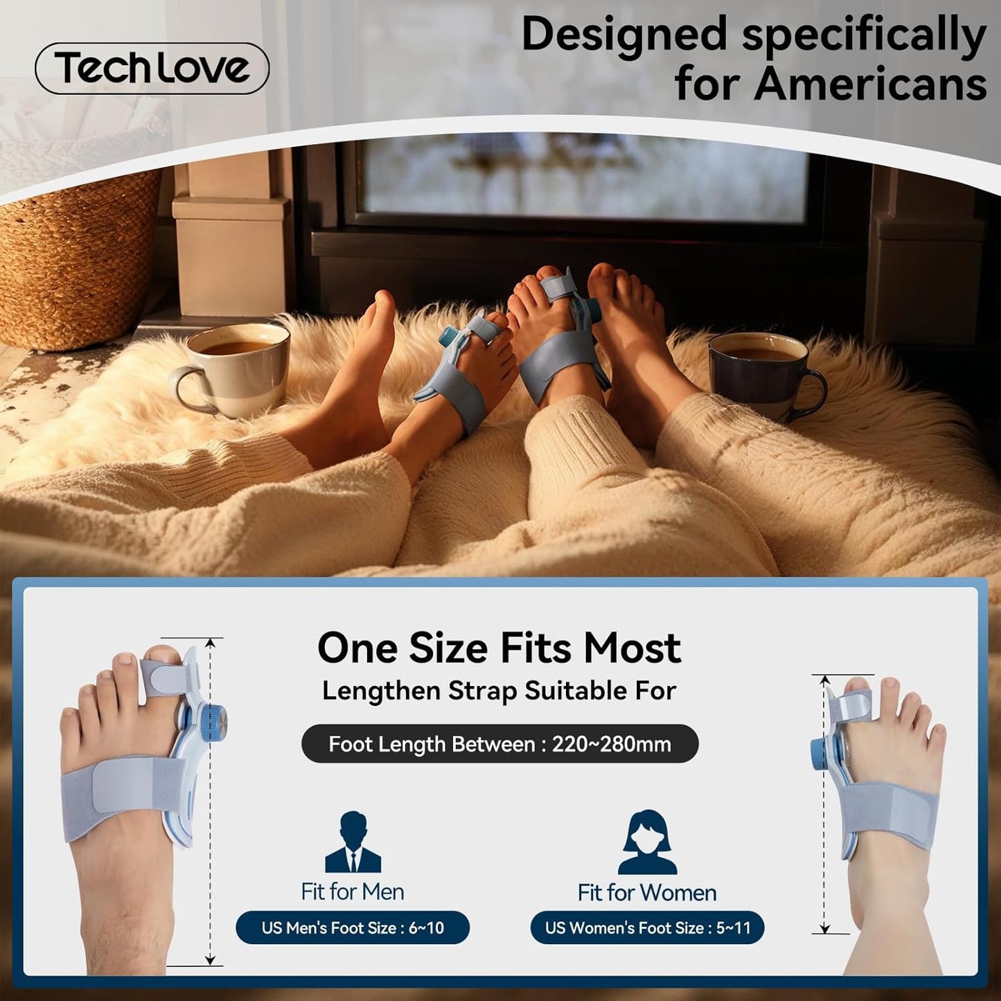 One-size-fits-all bunion corrector for men and women. Fits US men's size 6-10 and US women's size 5-11 for bunion pain relief.