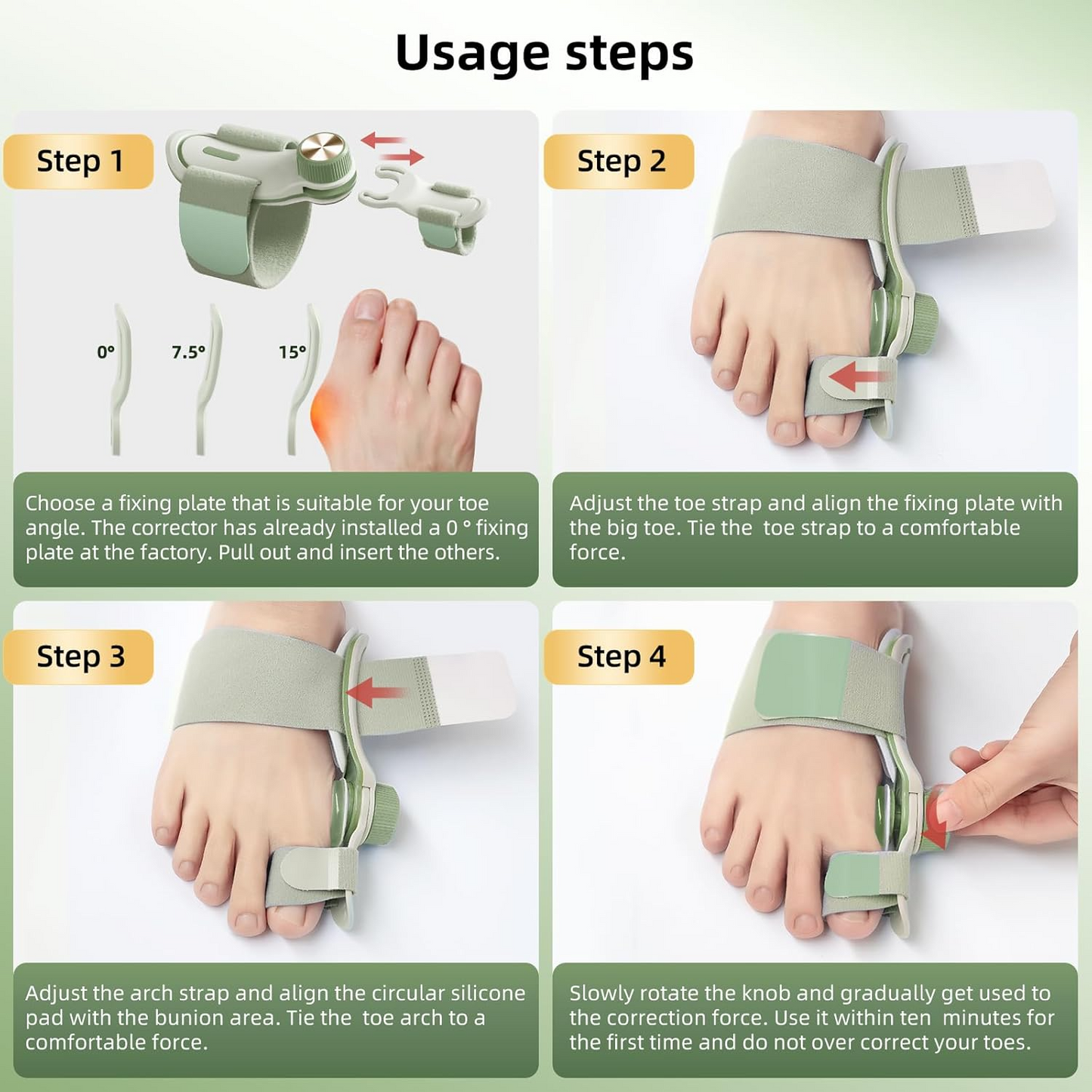 Person setting up the TENICORE light green bunion corrector, choosing the right angle plate for their foot