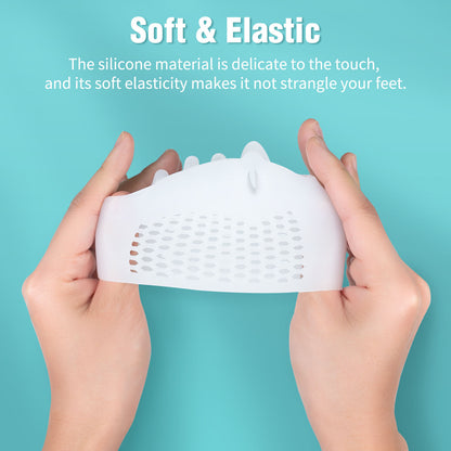 White silicone product held by hands with text about its soft and elastic properties on a teal background