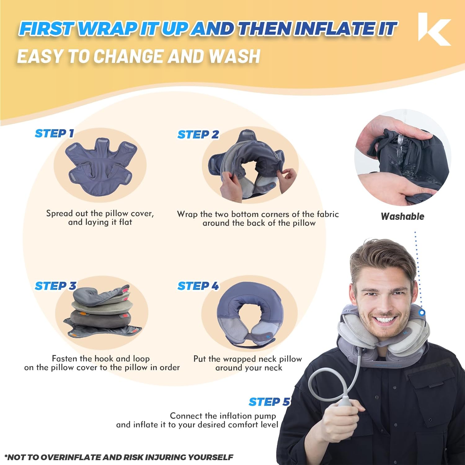 A father is changing the pillowcase of a neck stretcher for his child. She skillfully completes the five steps, paying special attention to the safety instructions not to over-inflate, ensuring that it is clean and comfortable every time it is used.