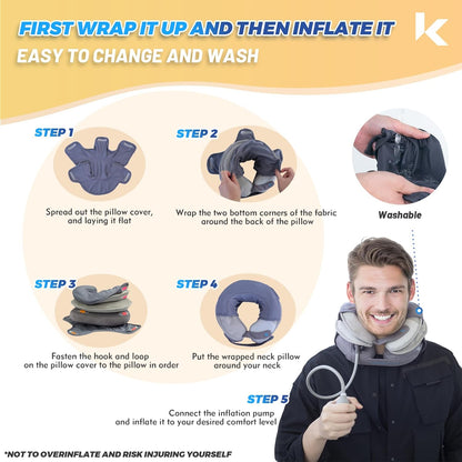 A father is changing the pillowcase of a neck stretcher for his child. She skillfully completes the five steps, paying special attention to the safety instructions not to over-inflate, ensuring that it is clean and comfortable every time it is used.