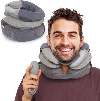 A model with neck discomfort is wearing it. The first layer of skin-friendly material gently conforms to the curve of the neck; the second layer of support structure provides stable support; the third layer of adjustment allows for personalized adjustments, all working together to achieve a perfect balance between comfort and support.