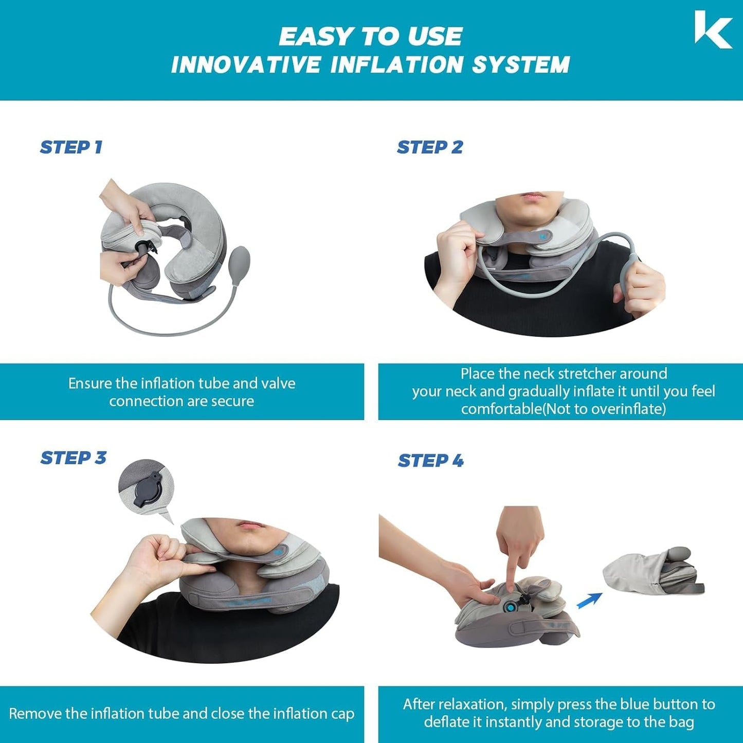 A first-time user of the neck stretcher is easily following the four-step instructions: 1. Check the air tube connection; 2. Wear and gently inflate until comfortable; 3. Remove the tube and tighten the cap; 4. Press the blue button to quickly deflate and store. His calm demeanor throughout the process demonstrates the system's simplicity and innovation.