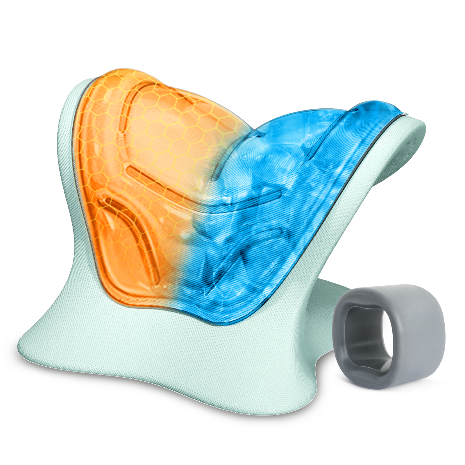 A neck care pillow that can be heated and cooled, relieving fatigue and providing a massage after a long day.