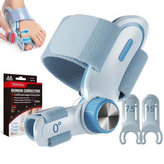 A blue bunion corrector with packaging and adjustable angle plates