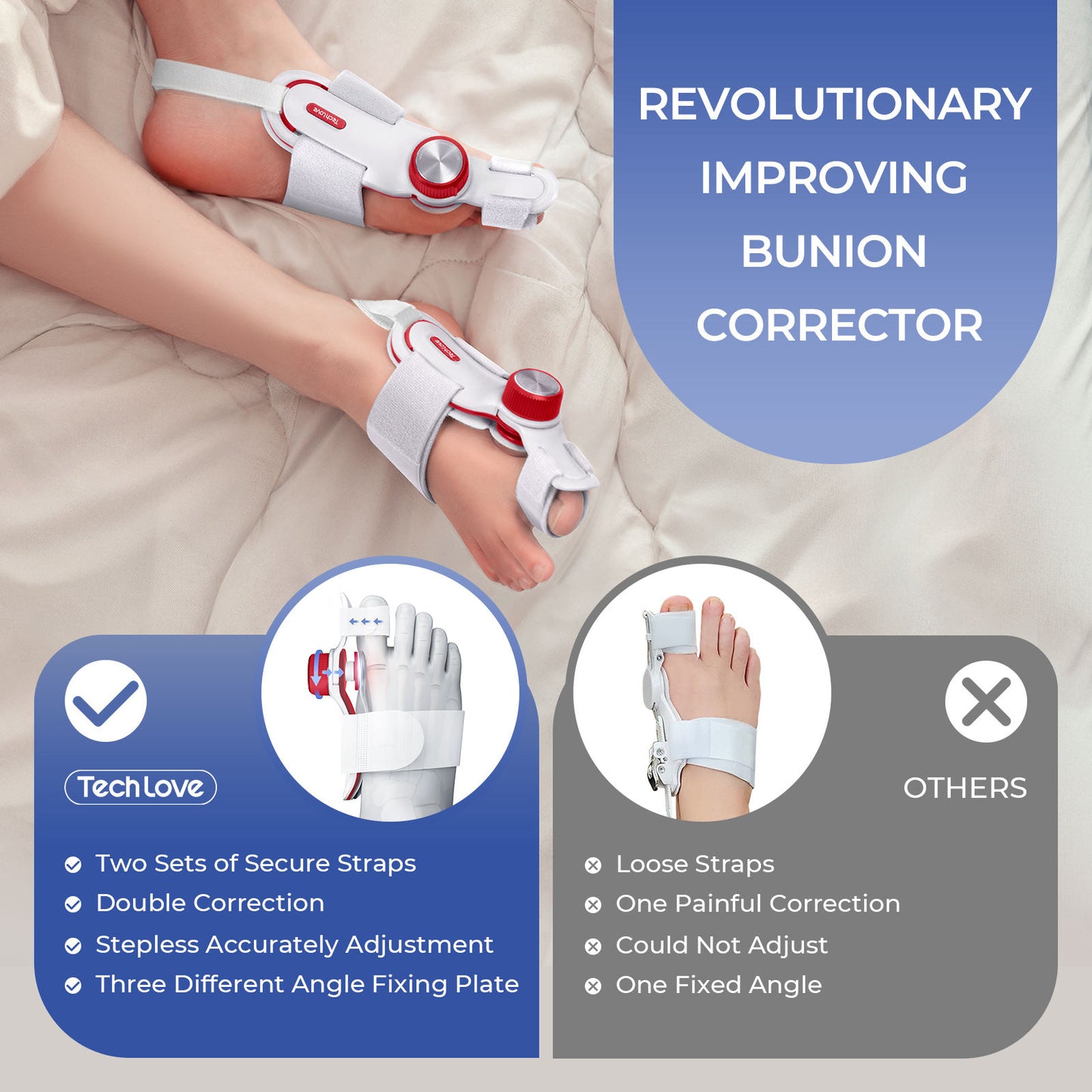 An elegant lady is sleeping while wearing the Techlove orthosis. Every step is natural and comfortable, perfectly adapting to every sleeping position. The orthosis's features are evident in every aspect of the product.