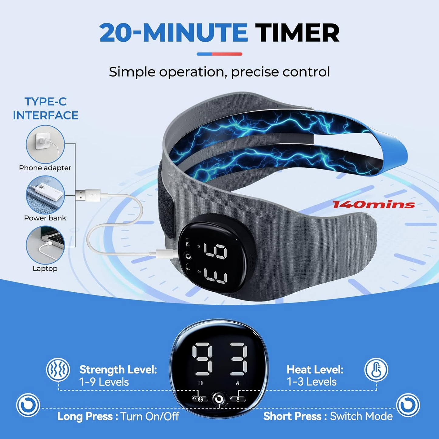 TENICORE electric neck massager with EMS pulse technology, 9 strength levels, 3 heat levels, 20-minute timer, and Type-C charging interface