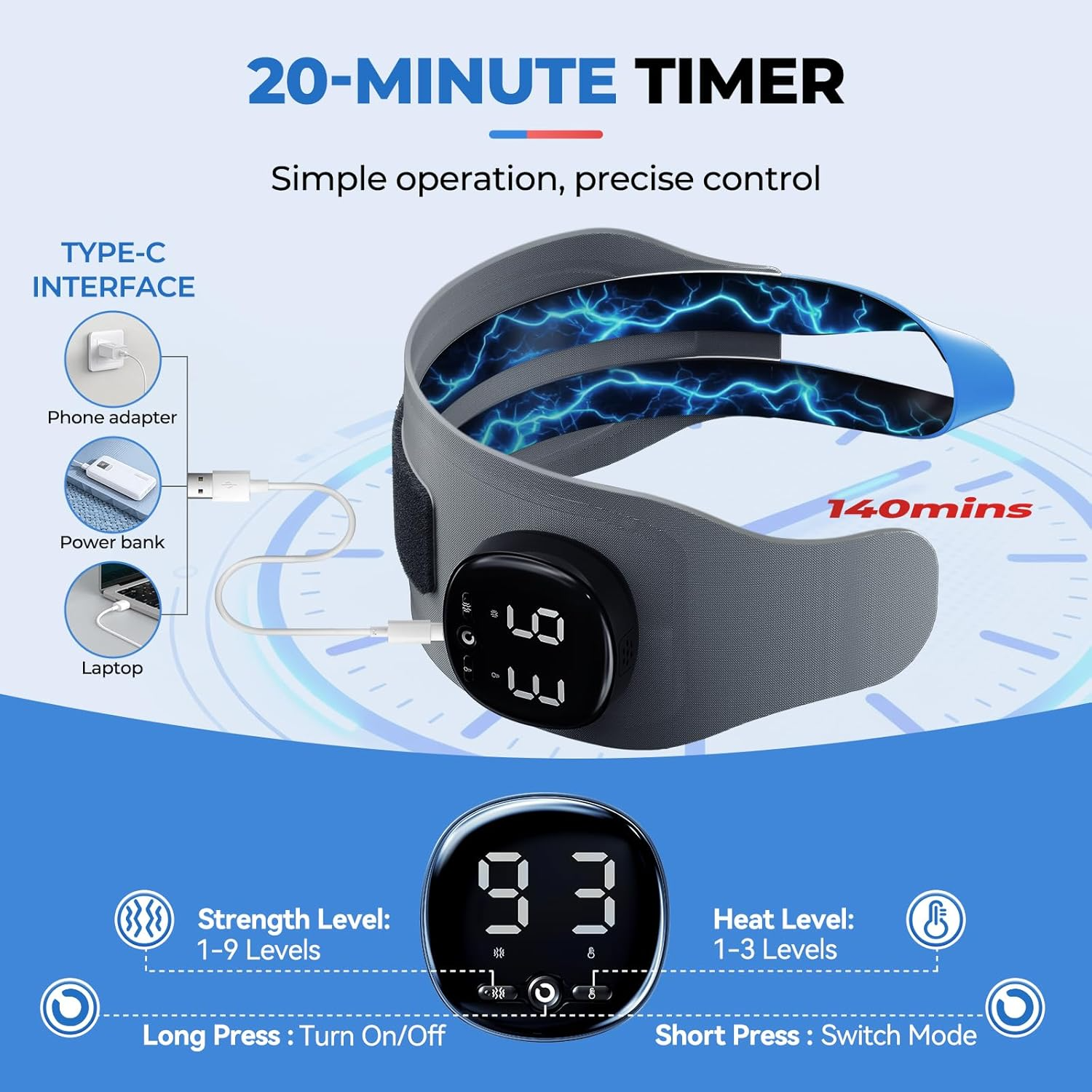 TENICORE electric neck massager with EMS pulse technology, 9 strength levels, 3 heat levels, 20-minute timer, and Type-C charging interface