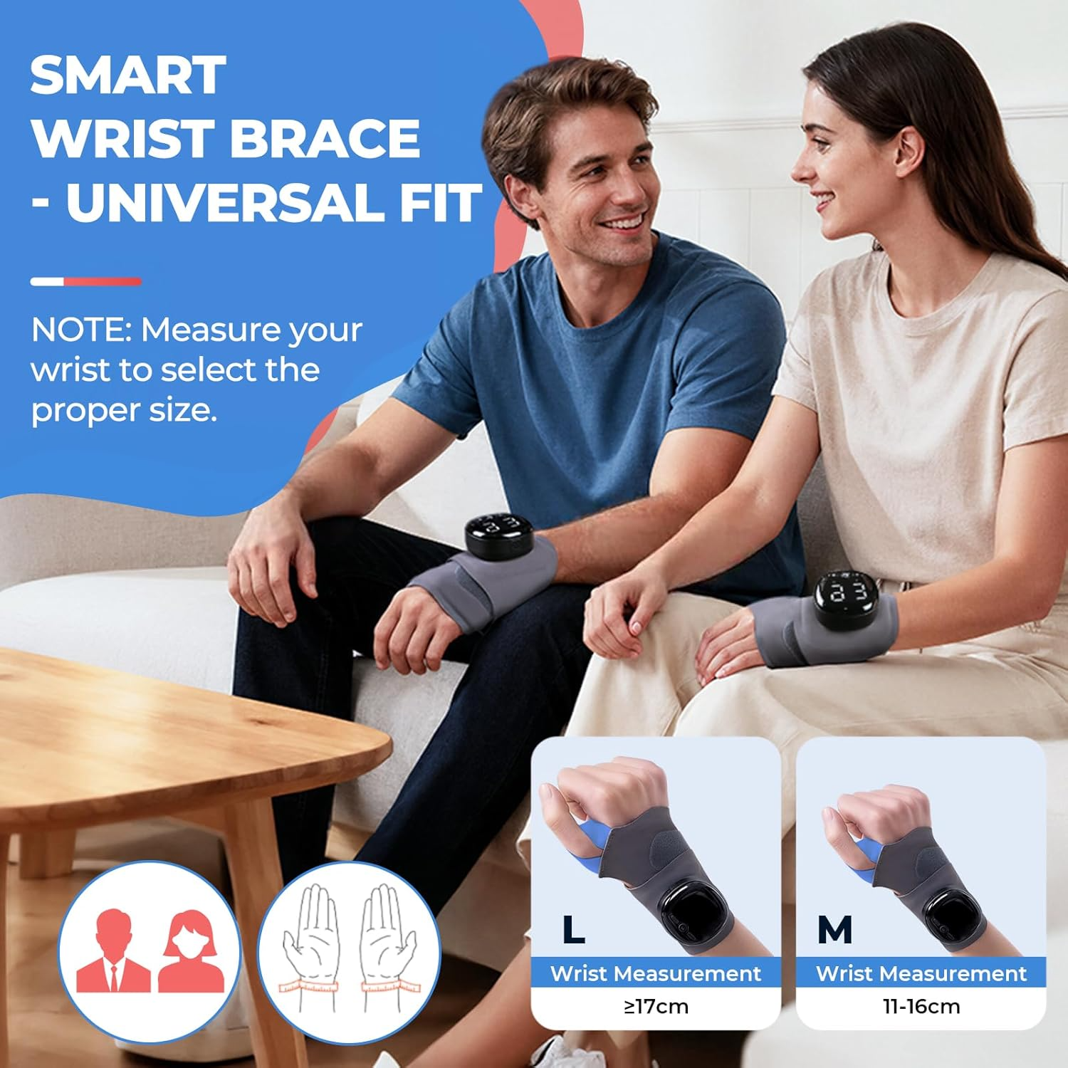 TENICORE smart wrist brace massager worn by man and woman, universal fit with size M (11-16cm) and size L (17cm+) options