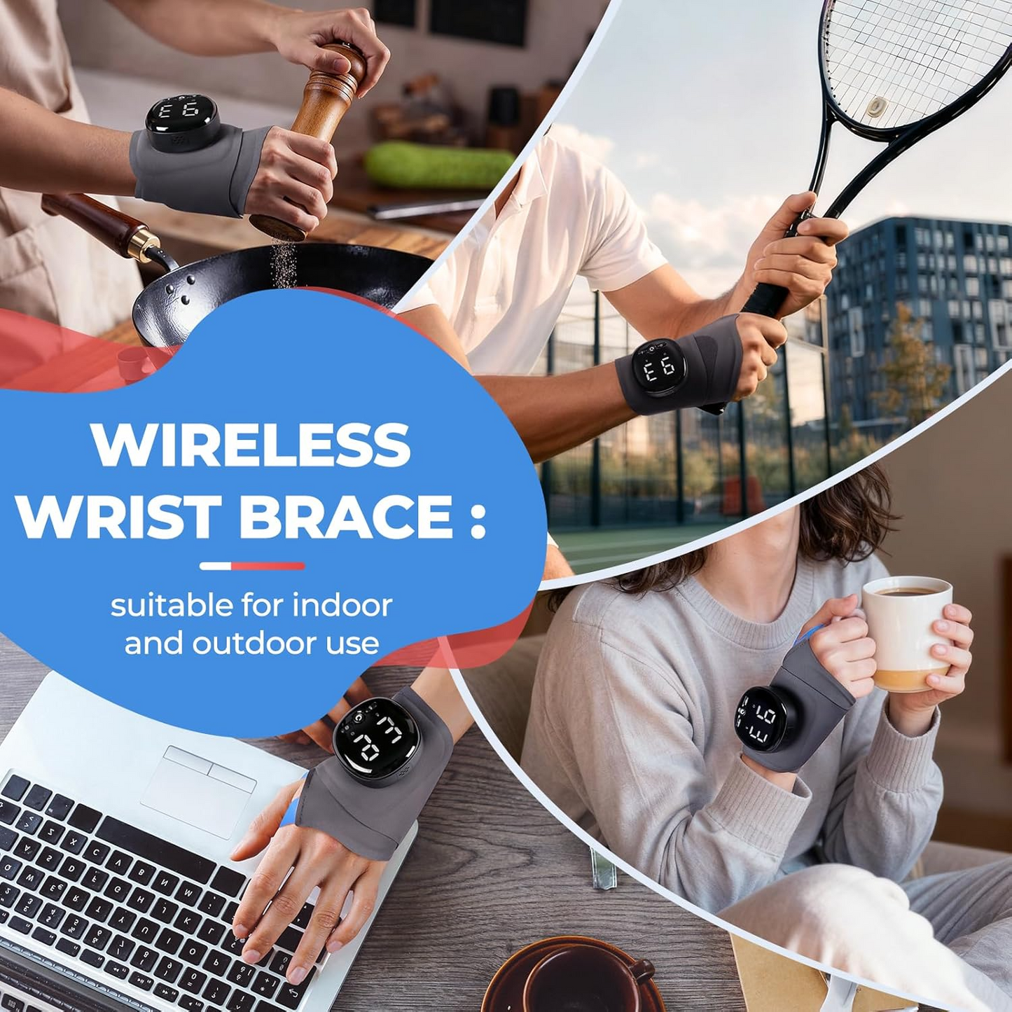 TENICORE wireless wrist brace massager shown in four lifestyle scenes: cooking in kitchen, playing tennis, working on laptop, and relaxing with coffee — suitable for indoor and outdoor use
