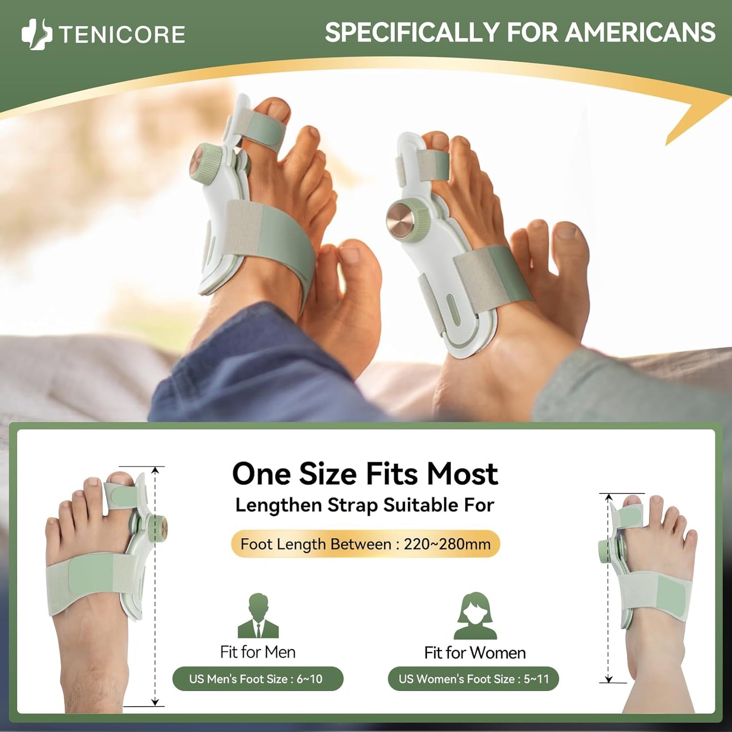 Tenicore bunion corrector made for Americans, one size fits most men US size 6-10.