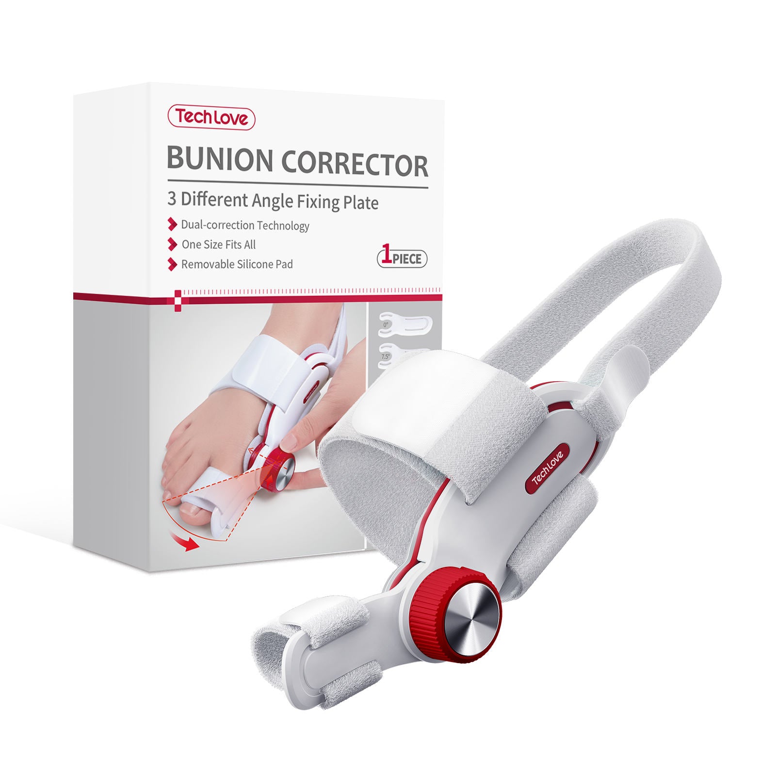 TechLove bunion corrector features a comfortable, ergonomic design, acting like a caring foot therapist. Simply turn the red knob for customized support, effectively correcting your toes and restoring the freedom to walk without pain.