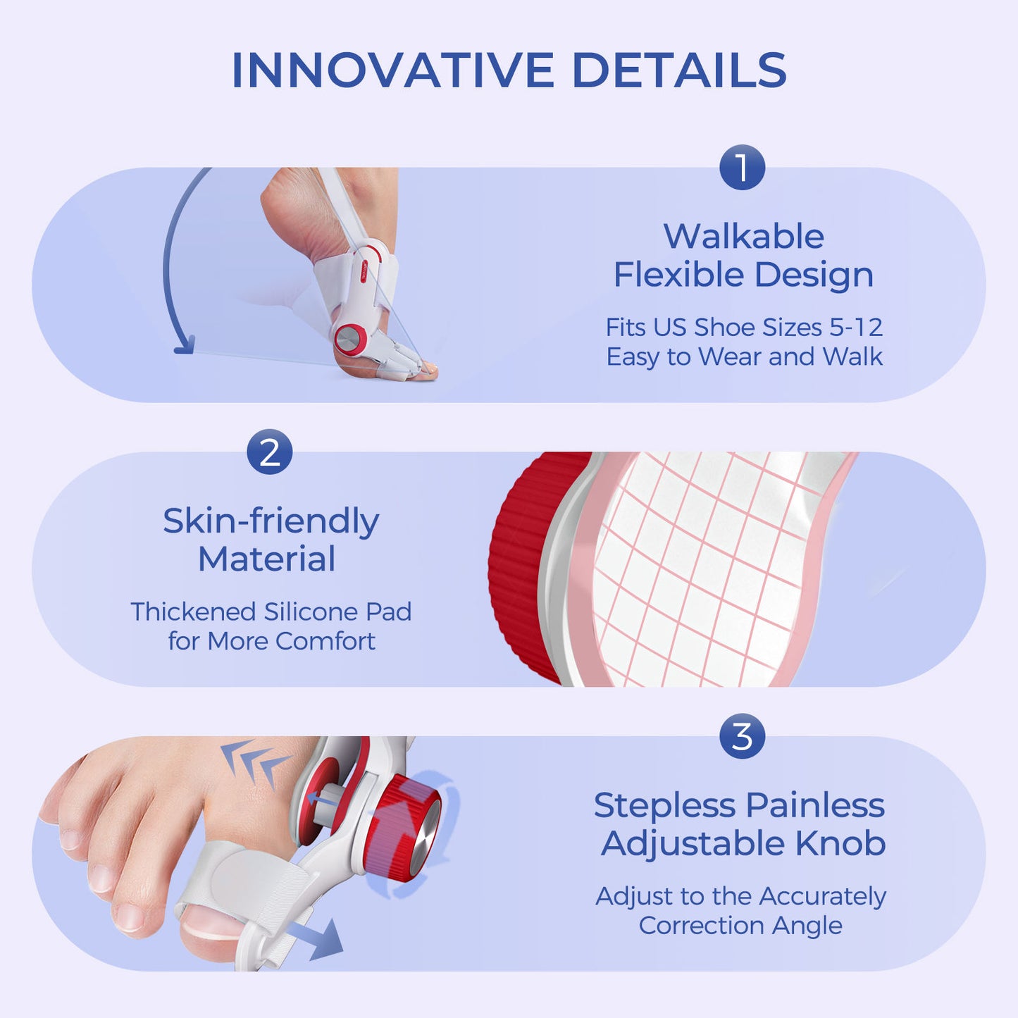 TECH Love Bunion Corrector showcases its features and design from different angles, highlighting its skin-friendly materials, adjustability, and precise positioning.
