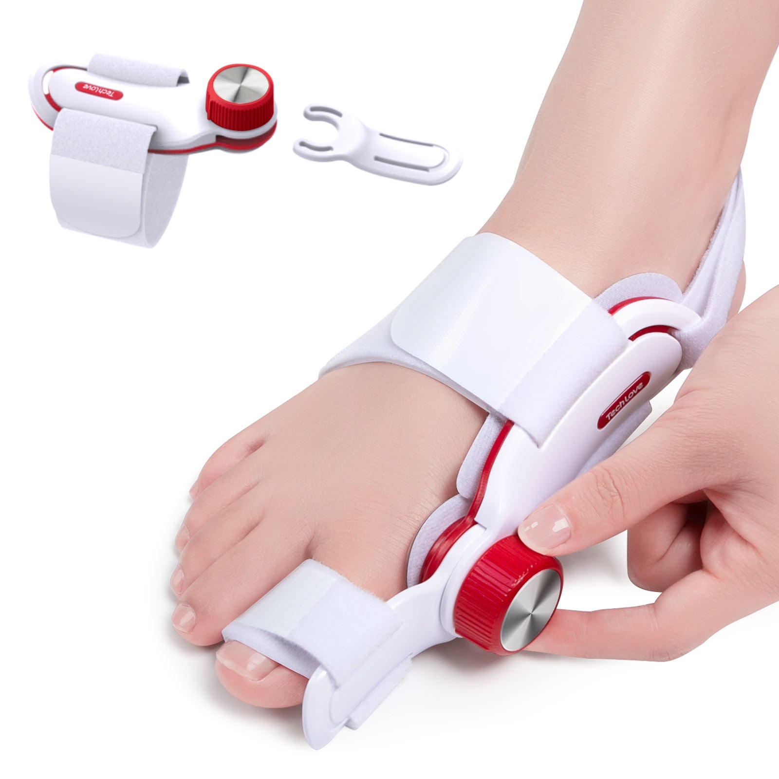 A hand is adjusting a red knob on a TechLove bunion corrector, which is comfortably worn on the foot, clearly demonstrating the product's customizable settings.