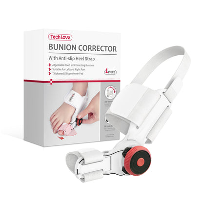 A woman suffering from bunions has finally found a solution – she is smiling as she adjusts the Technove orthotic for both feet to the most comfortable position, and the non-slip design gives her confidence as she walks.
