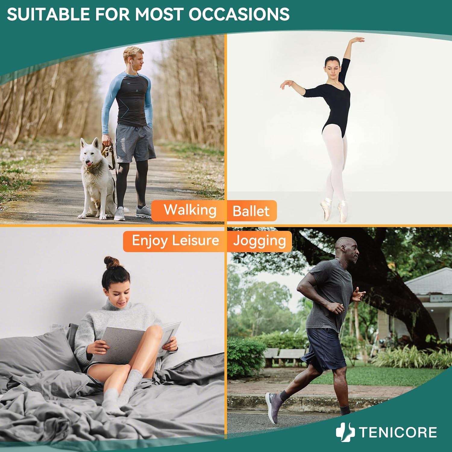 Tenicore bunion corrector socks are suitable for multiple scenes. You can take it for running, walking the dog, and dancing your favorite ballet.