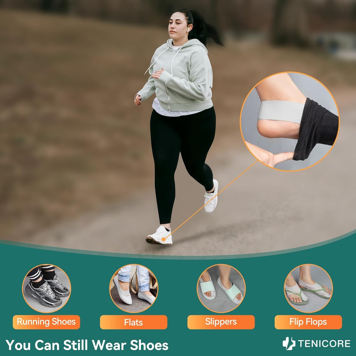 A woman who loves running wears Tenicore bule bunion corrector socks for her morning run. The product is very thin and can be worn with shoes or slippers.