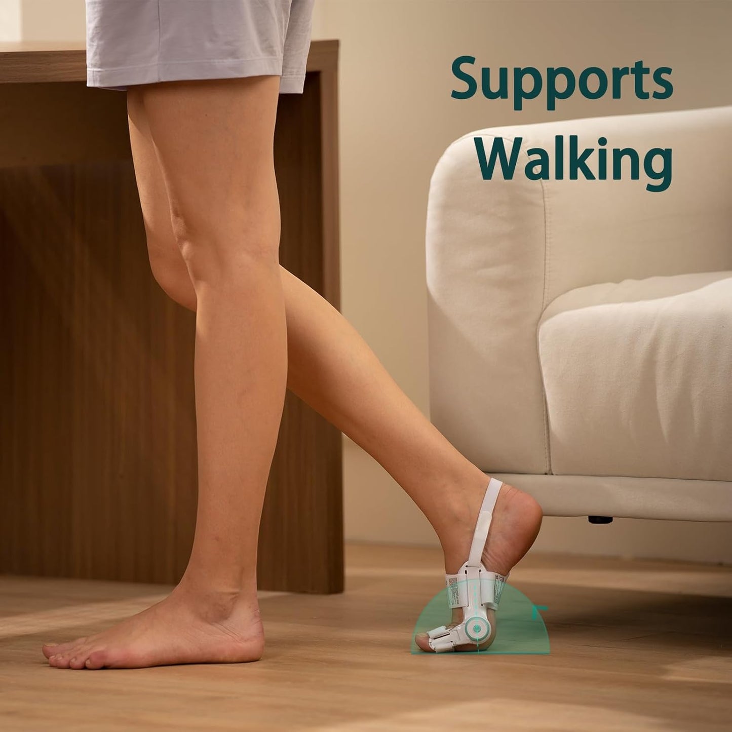 A thin and beautiful girl can now walk without any obstacles after wearing a toe straightener
