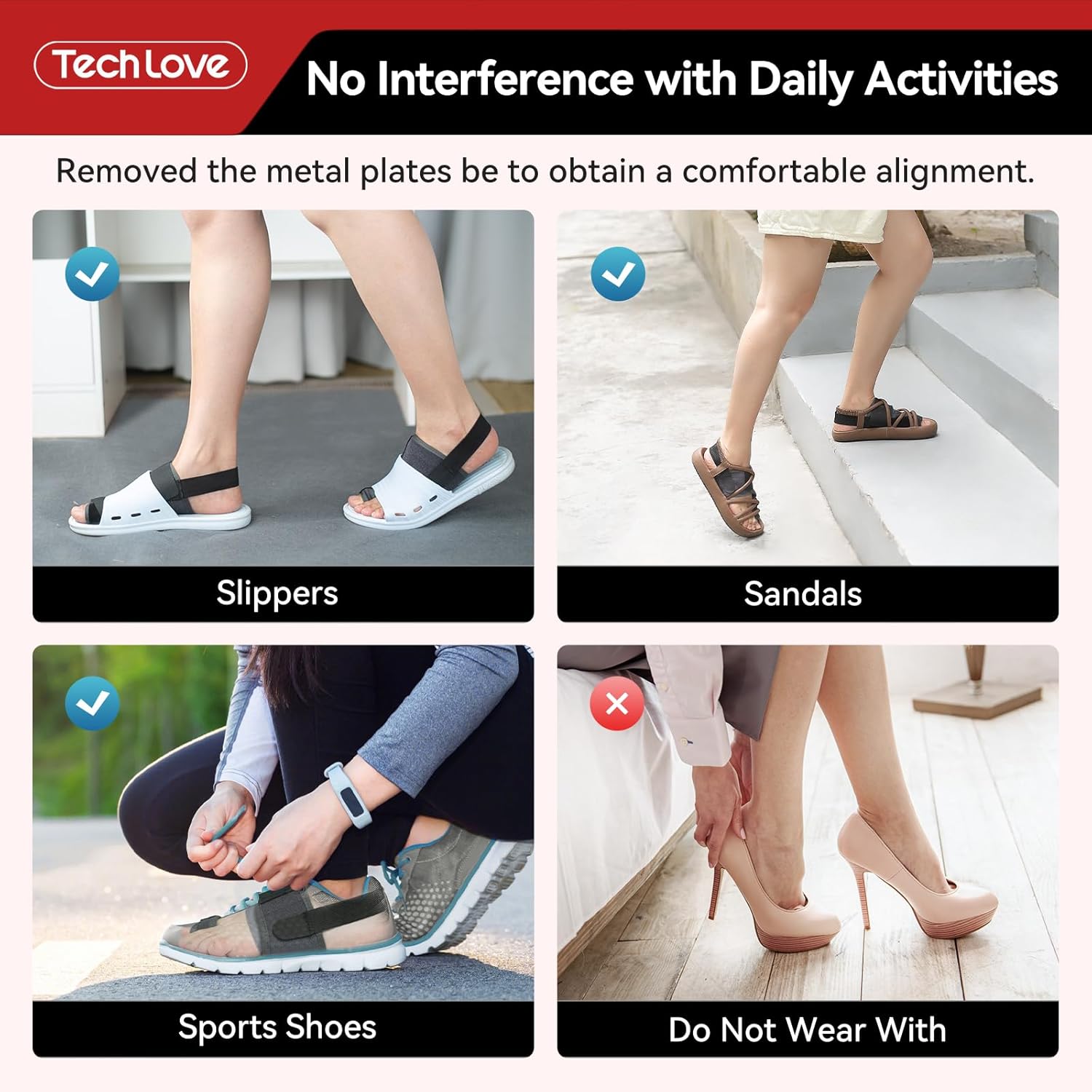 Bunion corrector comparison of different types of shoes worn by people in various activities with TechLove branding.