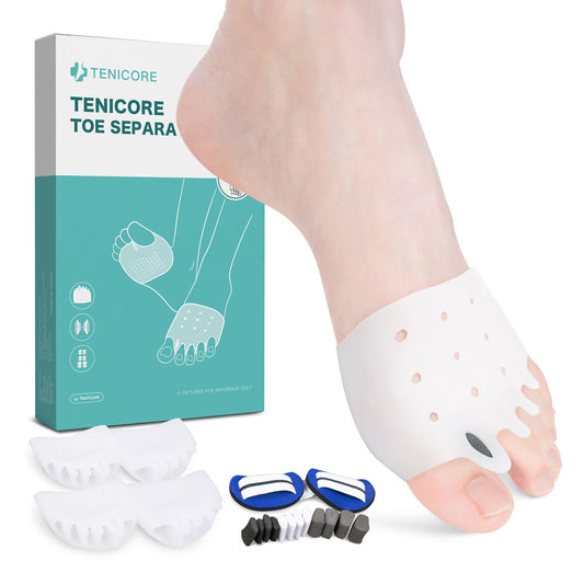 Tenicore toe separator with packaging and foot usage on a white background