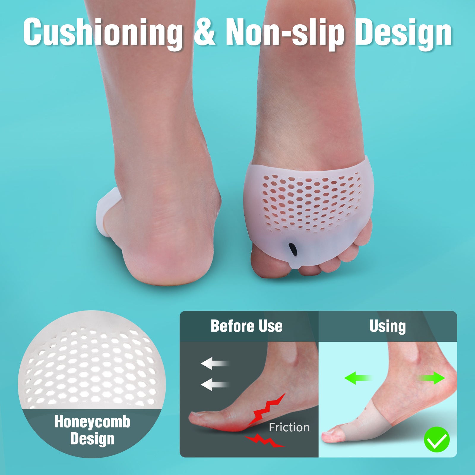 Cushioning and non-slip design with honeycomb pattern on a foot against a blue background.