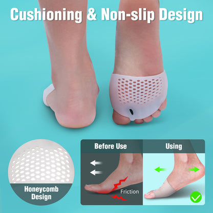 Cushioning and non-slip design with honeycomb pattern on a foot against a blue background.