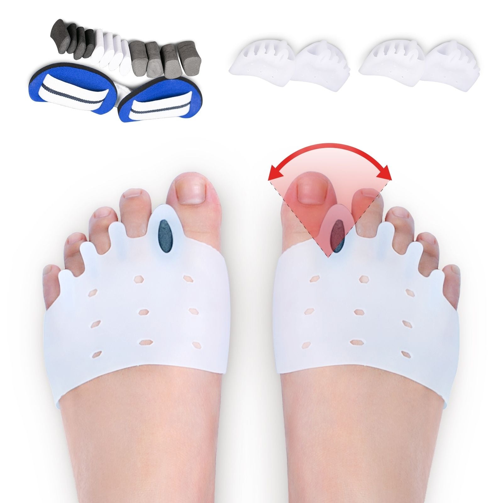 Bunion correctors on feet with a diagram showing bunion pain relief.