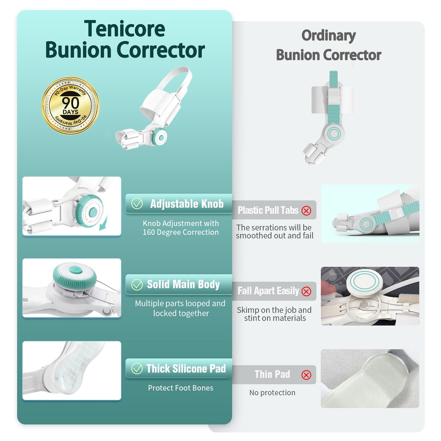 A woman experiencing the comfort and correction provided by Tenicore braces, showing different effects and details of the product.1. Adjustable Knob vs Plastic Tabs that smooth out. 2. Solid Main Body vs Multiple parts that fall apart. 3. Thick Protective Pad vs Thin Pad with no protection.