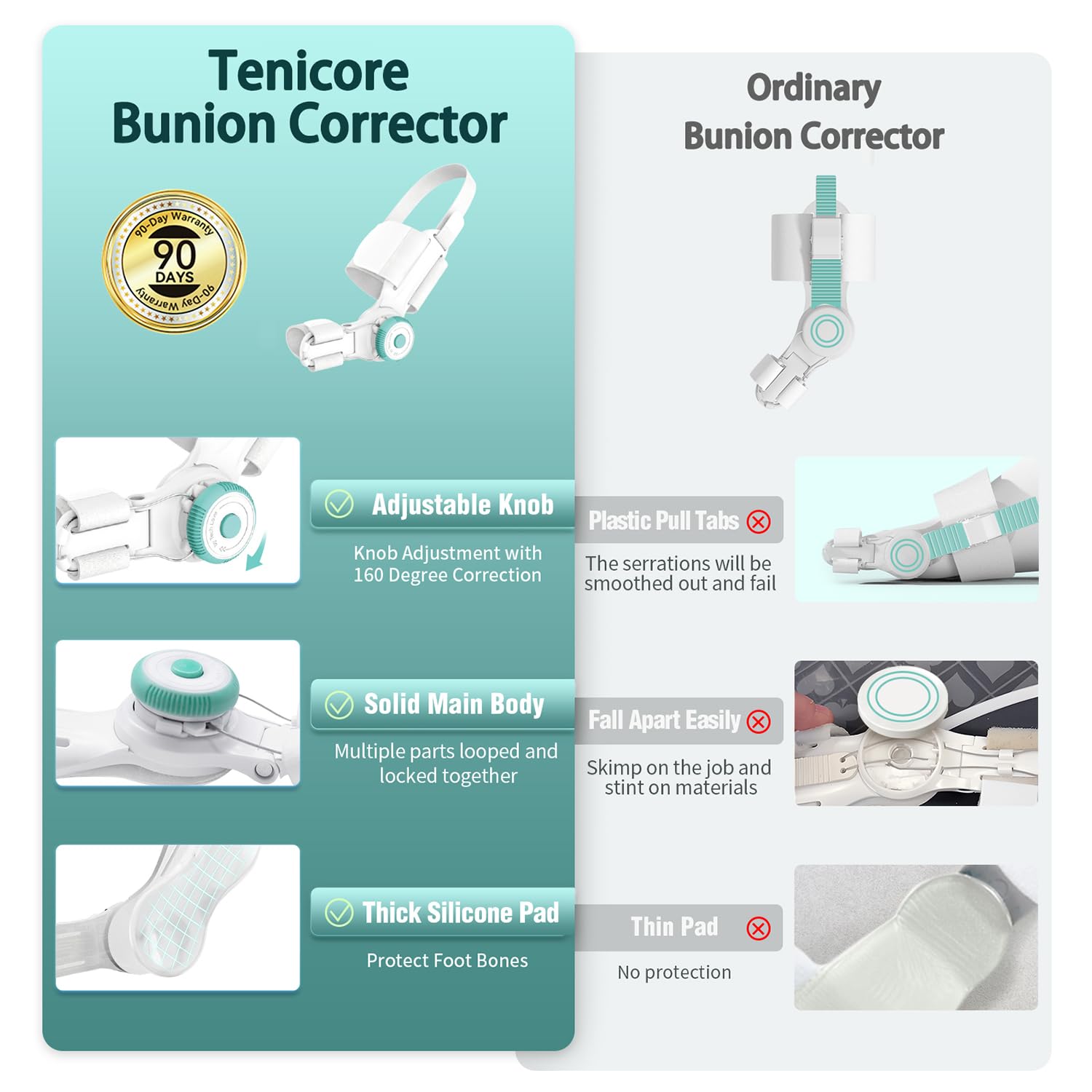 A woman experiencing the comfort and correction provided by Tenicore braces, showing different effects and details of the product.1. Adjustable Knob vs Plastic Tabs that smooth out. 2. Solid Main Body vs Multiple parts that fall apart. 3. Thick Protective Pad vs Thin Pad with no protection.