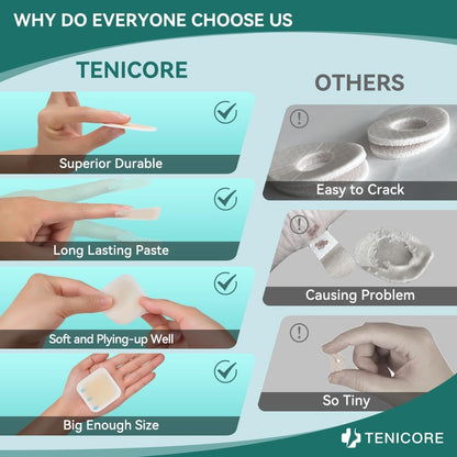 Why choose Tenicore? Side-by-side comparison shows our blister pads are superior durable (not easy to crack), have long-lasting paste (not causing problems), and are soft & large enough for comfort (unlike other brands).