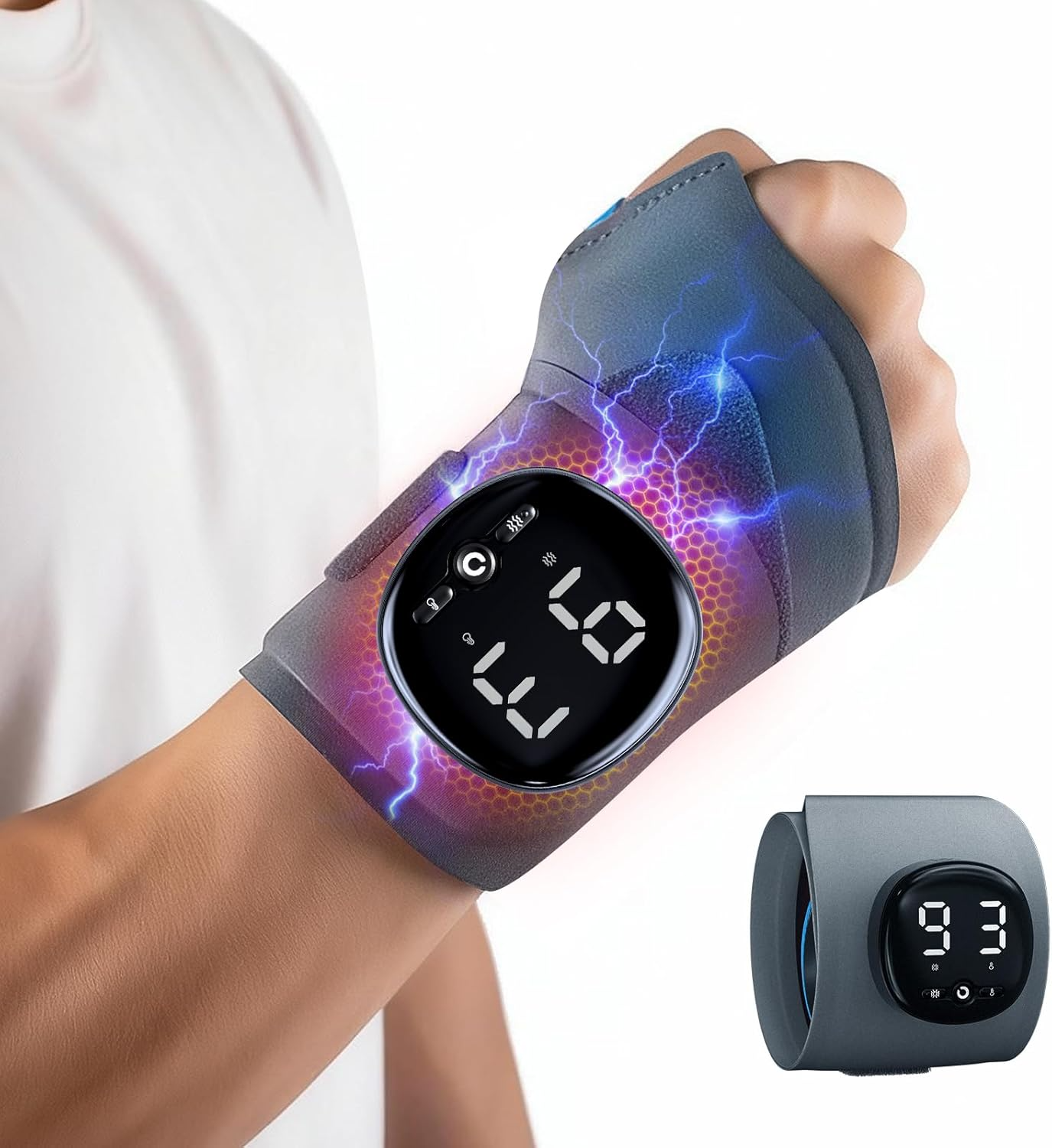 Ease wrist pain and stiffness with this 2-in-1 EMS and heat therapy massager. Designed for daily use, it combines targeted muscle stimulation with soothing heat to help relieve discomfort from carpal tunnel, arthritis, repetitive strain injuries, and sports fatigue.

✨ Key Features:
• Dual Function: 10-level adjustable EMS massage + 3 heat settings (low/medium/high)
• Smart LED Display: Clear digital screen shows intensity, temperature, and mode
• Comfortable Fit: Adjustable neoprene strap fits most wrist s