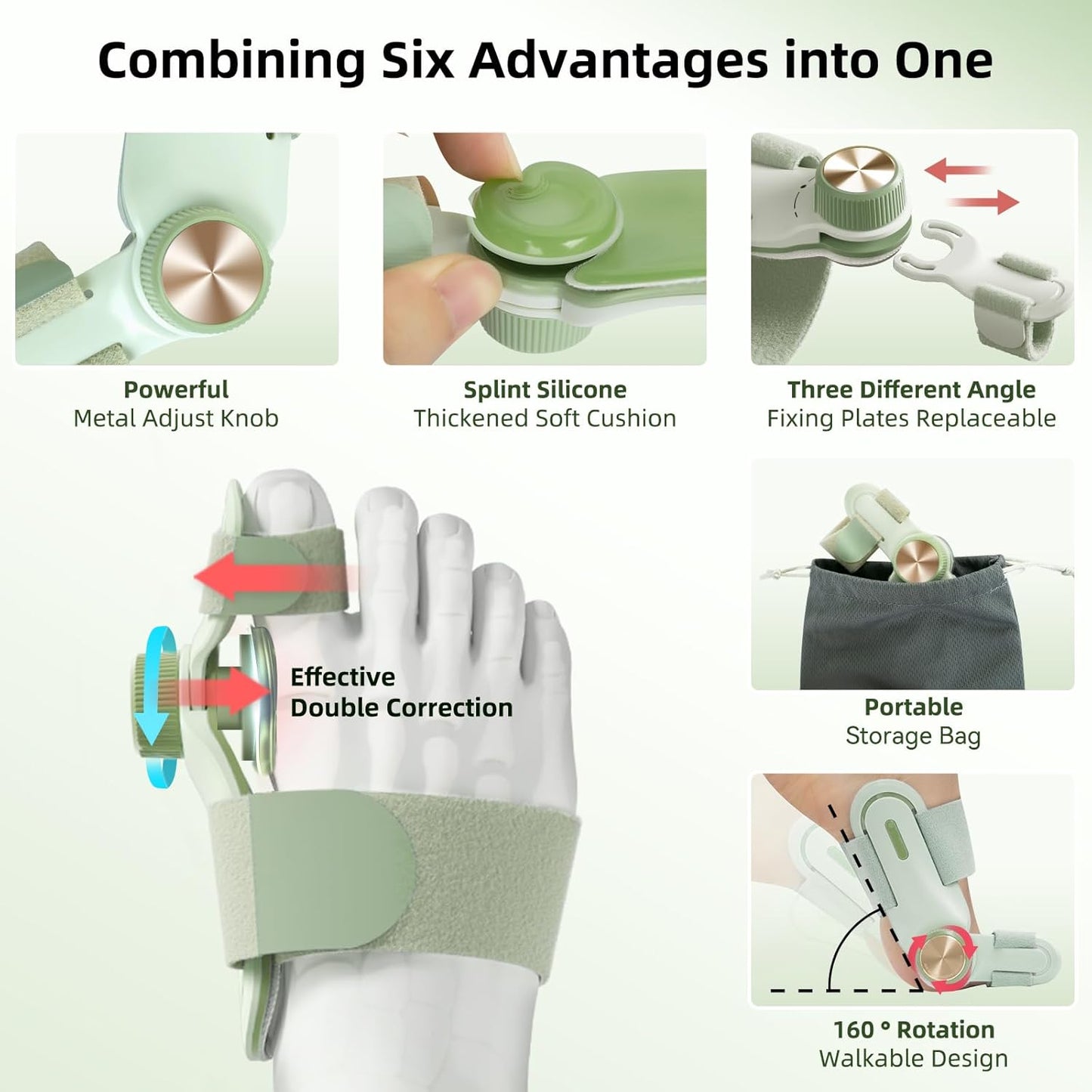 A multifunctional bunion corrector that uses a dual correction principle. The metal knob can easily adjust the correction strength. The soft silicone pad ensures comfort. Its rotatable design makes it easy to wear and walk during the day.