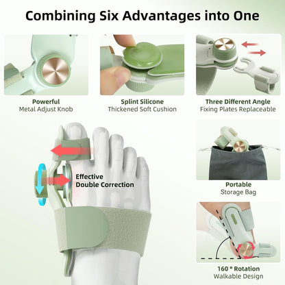 A multifunctional bunion corrector that uses a dual correction principle. The metal knob can easily adjust the correction strength. The soft silicone pad ensures comfort. Its rotatable design makes it easy to wear and walk during the day.