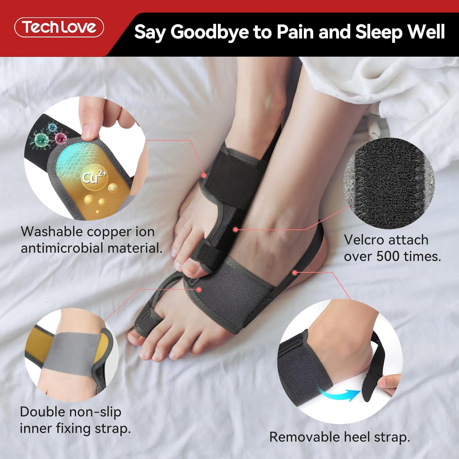 The sports ankle brace, made of washable copper ion antibacterial material, features a close-up of the design with Velcro that can be re-adhesive over 500 times, a double non-slip inner strap, and a removable heel strap.