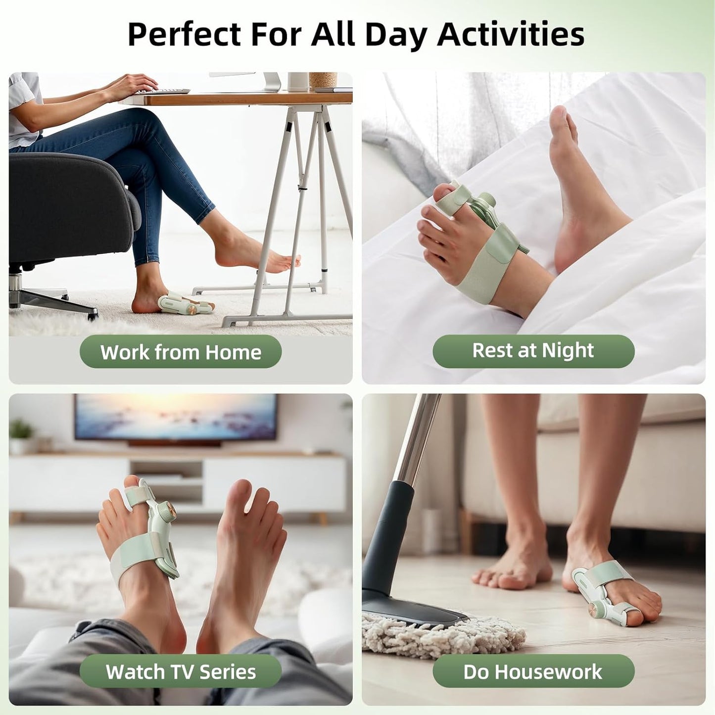 The use of the hallux valgus corrector in different life scenarios is demonstrated, including working from home, sleeping at night, watching TV and doing housework, emphasizing its comfort and versatility in all-day activities.