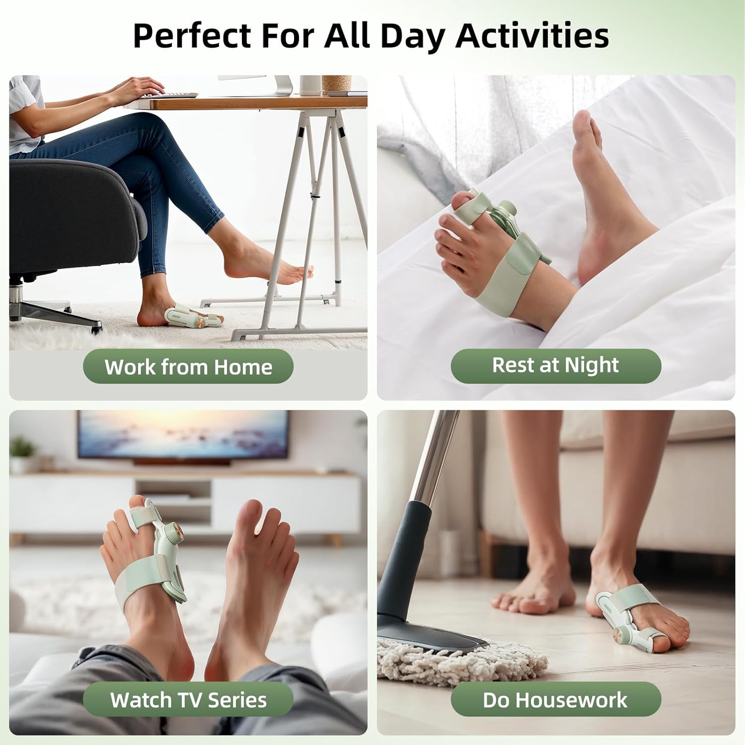The use of the hallux valgus corrector in different life scenarios is demonstrated, including working from home, sleeping at night, watching TV and doing housework, emphasizing its comfort and versatility in all-day activities.