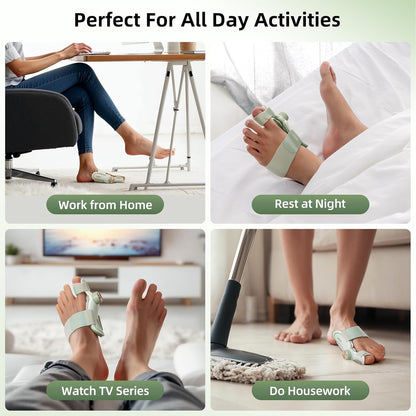 The use of the hallux valgus corrector in different life scenarios is demonstrated, including working from home, sleeping at night, watching TV and doing housework, emphasizing its comfort and versatility in all-day activities.