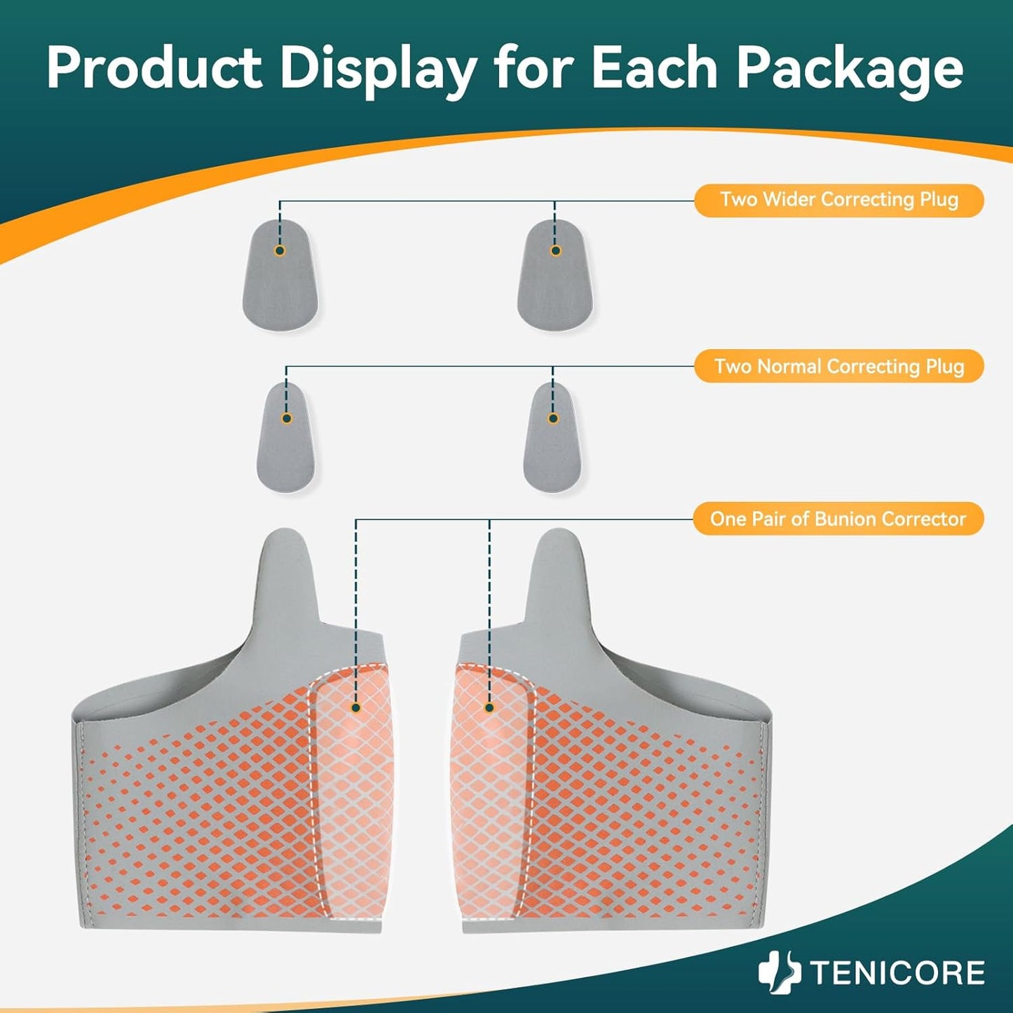 Bunion corrector set includes a pair of correctors and adjustable inserts of different widths, allowing users to personalize the correction according to the degree of bunion.