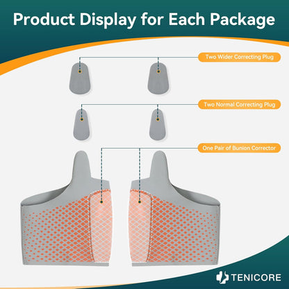 Bunion corrector set includes a pair of correctors and adjustable inserts of different widths, allowing users to personalize the correction according to the degree of bunion.