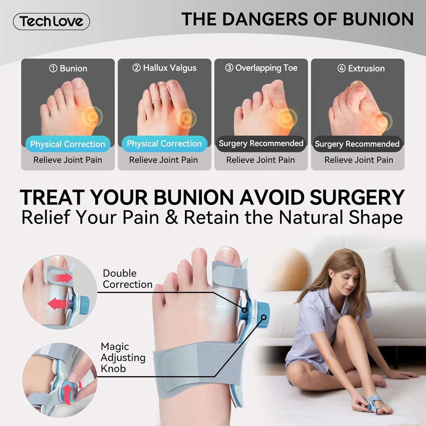 A woman is testing the effect of the bunion corrector at different time periods.