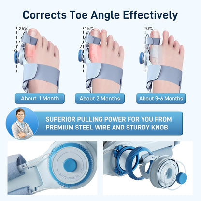 TechLove bunion corrector for effective toe angle correction through months, featuring premium steel wire and sturdy knob for superior pulling power