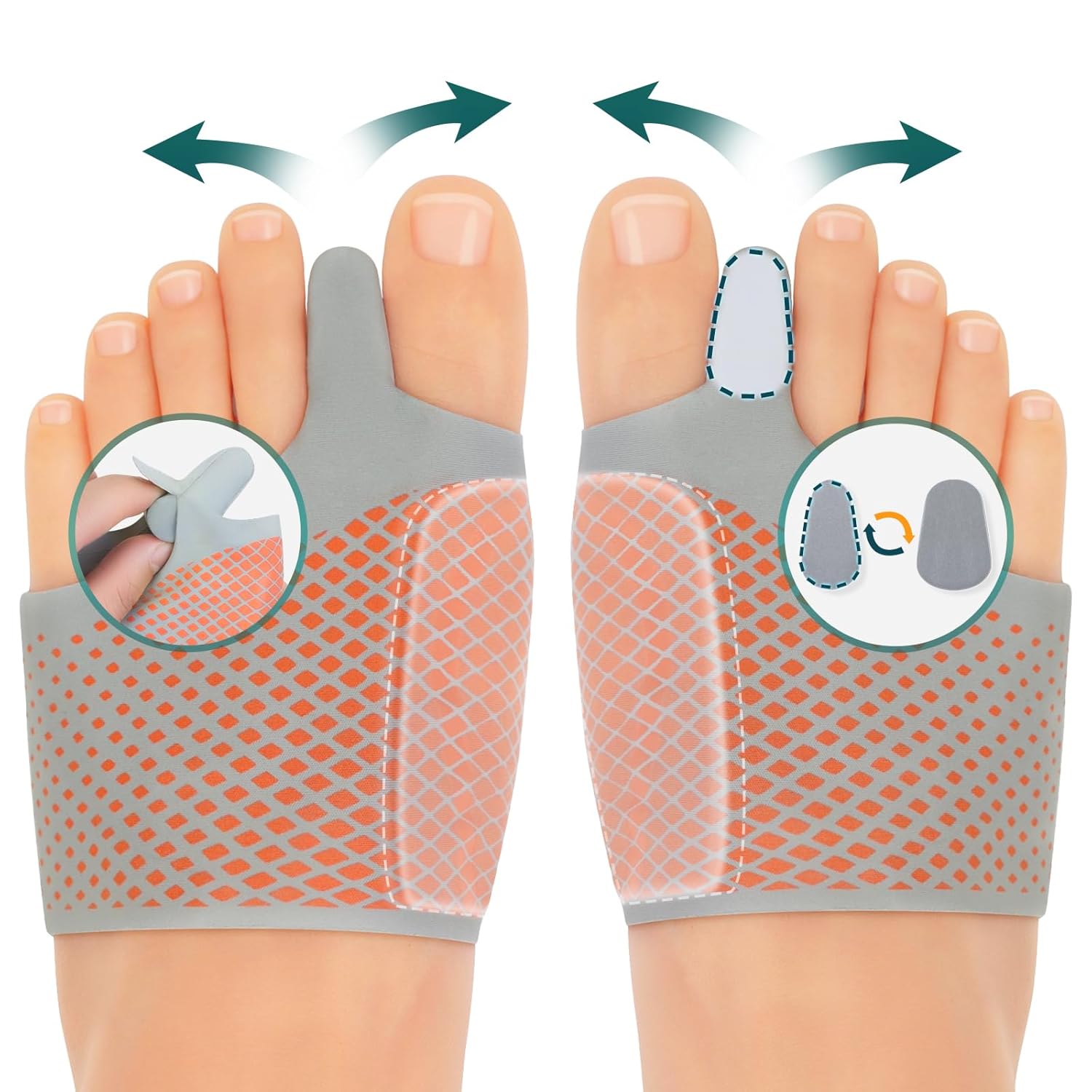 A mesh gel bunion corrector with a removable toe tab, showing how the tab separates the big toe for correction and is reversible to accommodate different foot shapes and correction needs.
