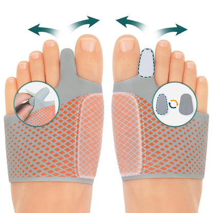 A mesh gel bunion corrector with a removable toe tab, showing how the tab separates the big toe for correction and is reversible to accommodate different foot shapes and correction needs.