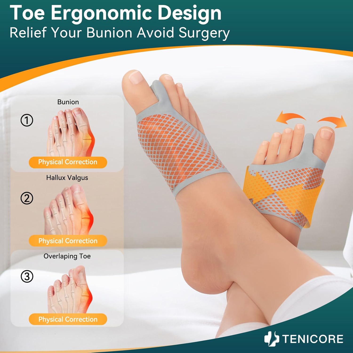A physical correction device for bunions and overlapping toes, its ergonomic design is designed to relieve pain and provide a surgical-free solution.