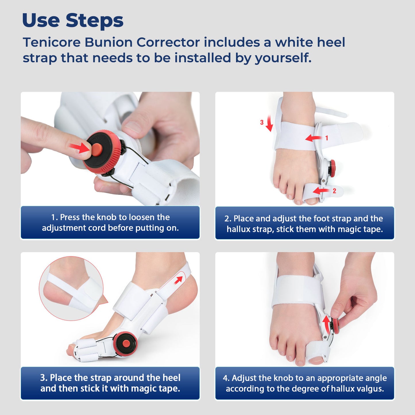 A user is installing the TeniCore bunion corrector according to the instruction diagram, which clearly shows the complete four-step process from loosening the adjustment cord, securing the various straps to finally adjusting the knob.