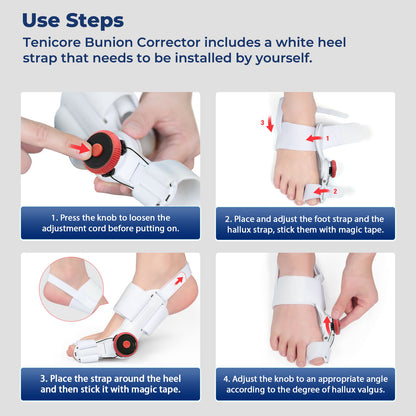 A user is installing the TeniCore bunion corrector according to the instruction diagram, which clearly shows the complete four-step process from loosening the adjustment cord, securing the various straps to finally adjusting the knob.