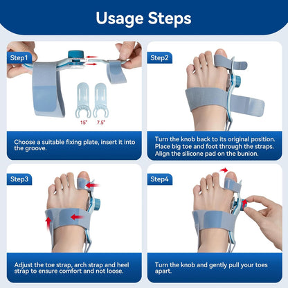 Four simple steps to use the TECHLOVE bunion corrector: Choose and insert the fixing plate, place your foot through the straps, adjust all straps for a snug fit, and finally turn the adjustment knob to begin gentle correction.